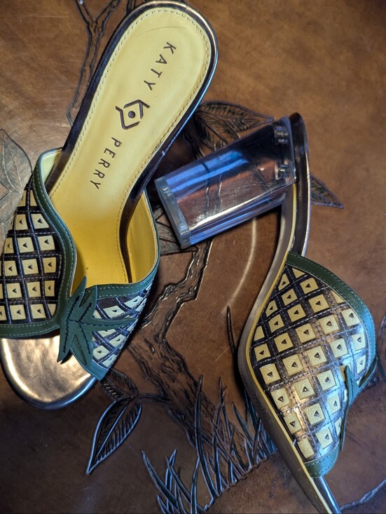 Katy Perry Collections Shoes - Katy Perry Collections Green & Yellow Pineapple Motif Clear Heel Slides